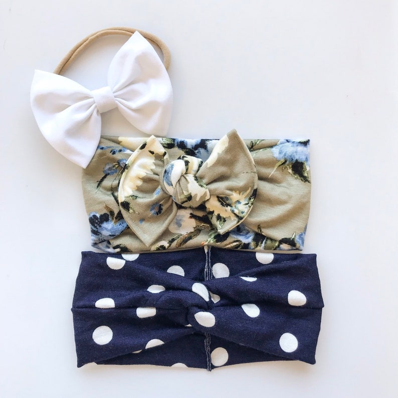{3 items} Solid White baby bow Spring in the City Set Blue Roses Flatbow /& Big Blue Polka Dots turban headband