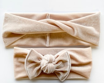 Champagne Velvet : (Mommy and Me set) Adult BOHO twist headband, child flat bow headband