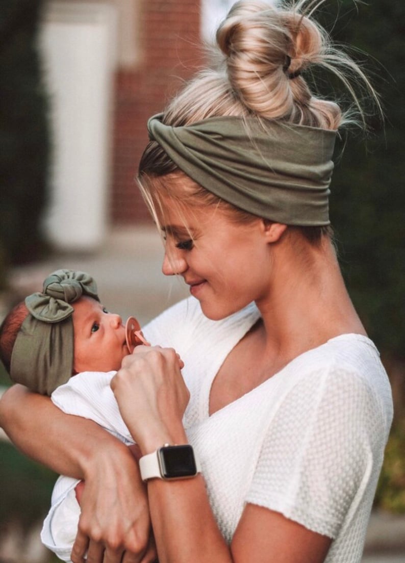 Sage : Mommy & Me set adult BOHO twist child flat bow headband image 1