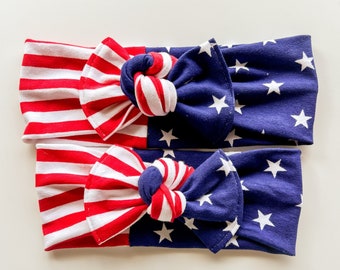 Set of 2 : American USA Flag Flat Bow headbands, Mommy & Me set