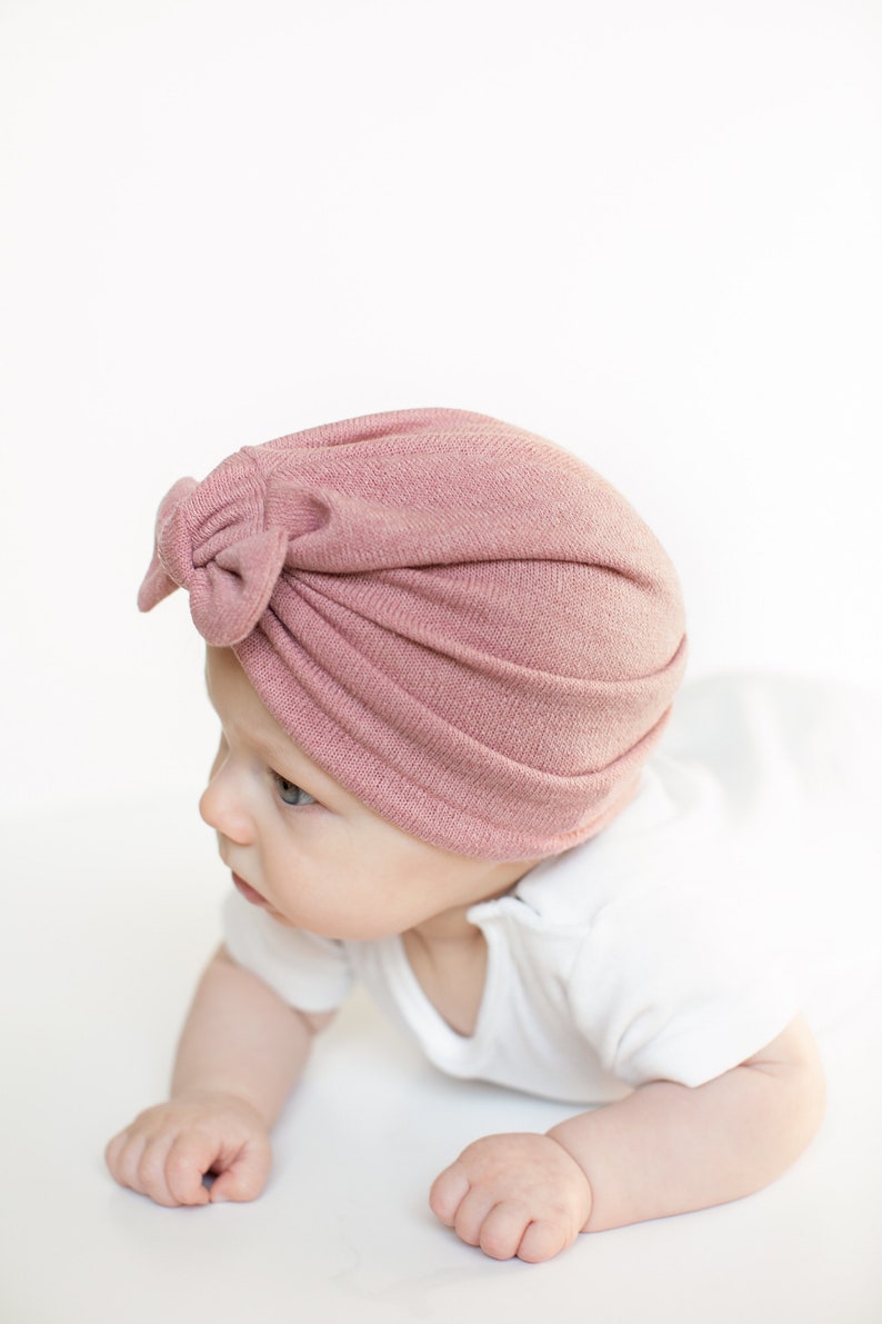 Mauve Knit Hat sweater w/ Top Knot baby turban winter Etsy