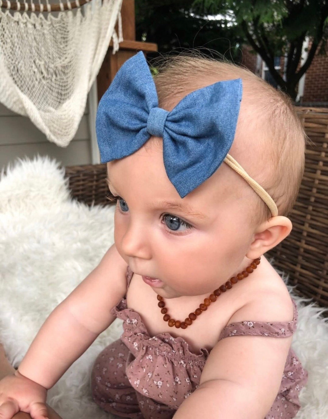 Light Denim baby bow jean bow clip chambray headband navy Etsy