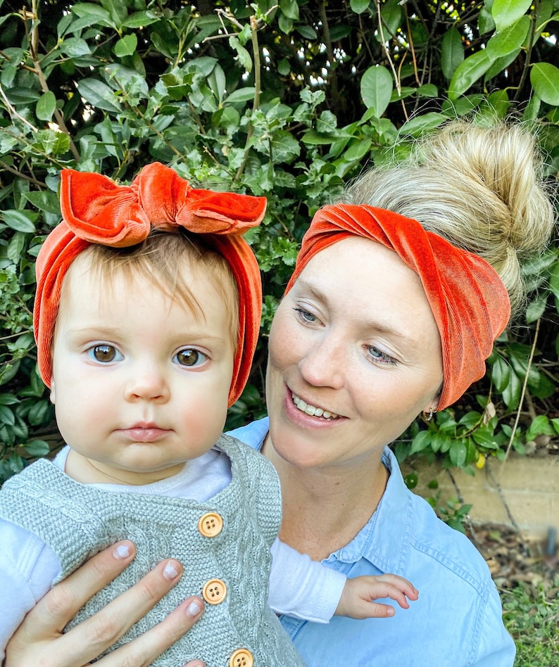 Mommy and Me set child flat bow headband gold velvet Adult BOHO twist headband Persimmons Velvet: matching set holiday