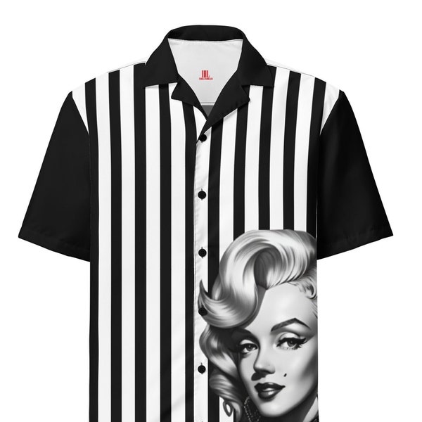 Marilyn Monroe Retro Pinstripe Bowling Shirt, Chemise de camp, Chemises de bowling, Style vintage classique, Bouton homme, Chemise de camp, Bowling rétro