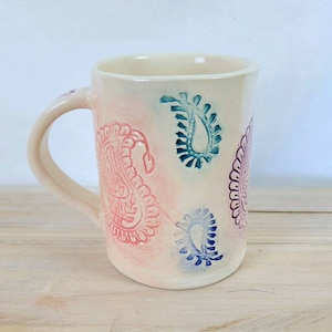 Slab-built Paisley mug with pink, orange, blue, violet and teal paisley stamp decoration, handmade pottery mug image 1