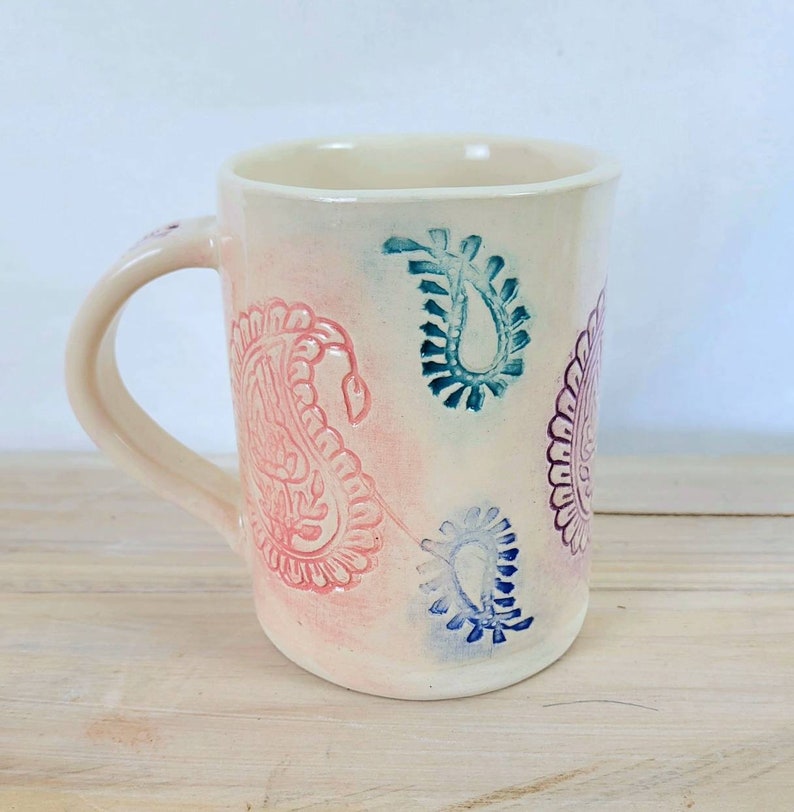 Slab-built Paisley mug with pink, orange, blue, violet and teal paisley stamp decoration, handmade pottery mug image 1