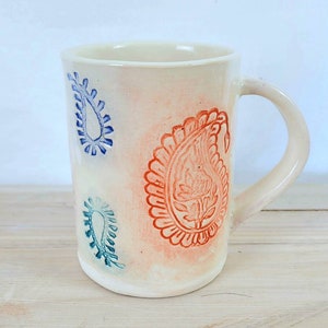 Slab-built Paisley mug with pink, orange, blue, violet and teal paisley stamp decoration, handmade pottery mug image 5
