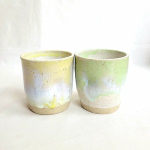 Handmade pair of stoneware lemon and lime dimpled 9oz/250ml tumblers, speckled clay, image 1