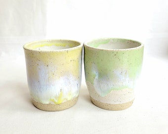 Handmade pair of stoneware lemon and lime dimpled 9oz/250ml tumblers, speckled clay,