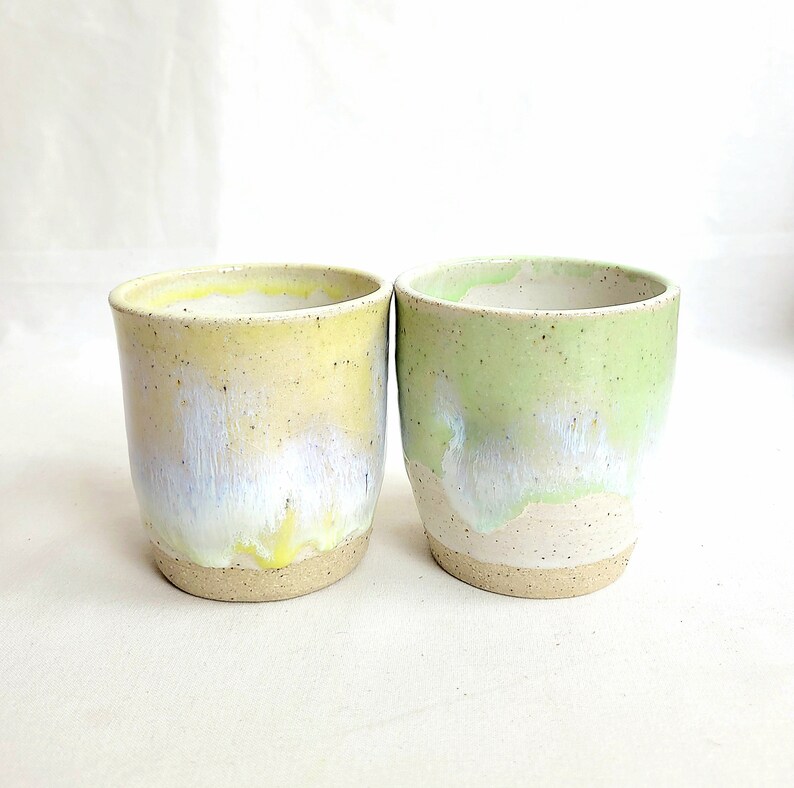 Handmade pair of stoneware lemon and lime dimpled 9oz/250ml tumblers, speckled clay, image 1