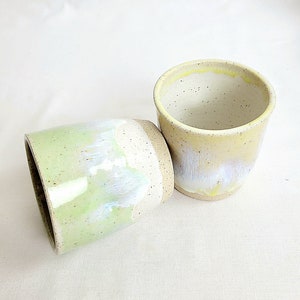 Handmade pair of stoneware lemon and lime dimpled 9oz/250ml tumblers, speckled clay, image 7