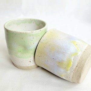 Handmade pair of stoneware lemon and lime dimpled 9oz/250ml tumblers, speckled clay, image 5