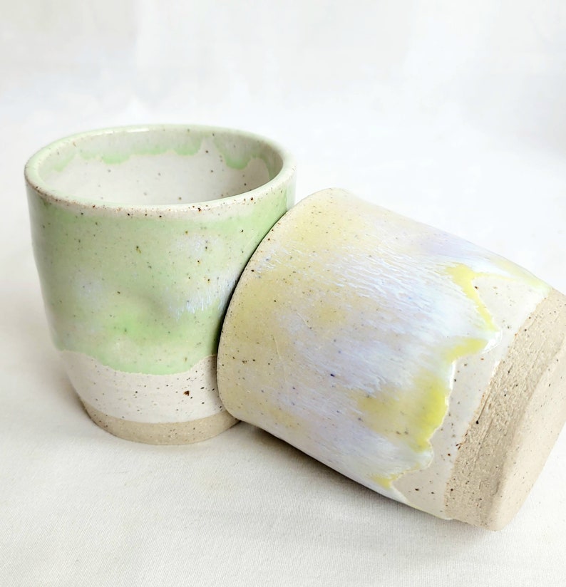 Handmade pair of stoneware lemon and lime dimpled 9oz/250ml tumblers, speckled clay, image 5