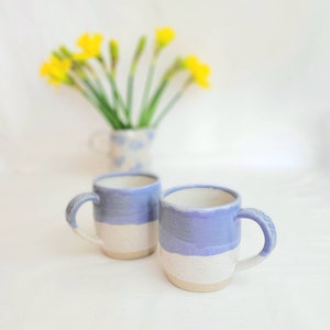 Handmade stoneware coffee mug, tea cup in oatmeal and lavender blue, 12oz or 350ml ready to ship image 9