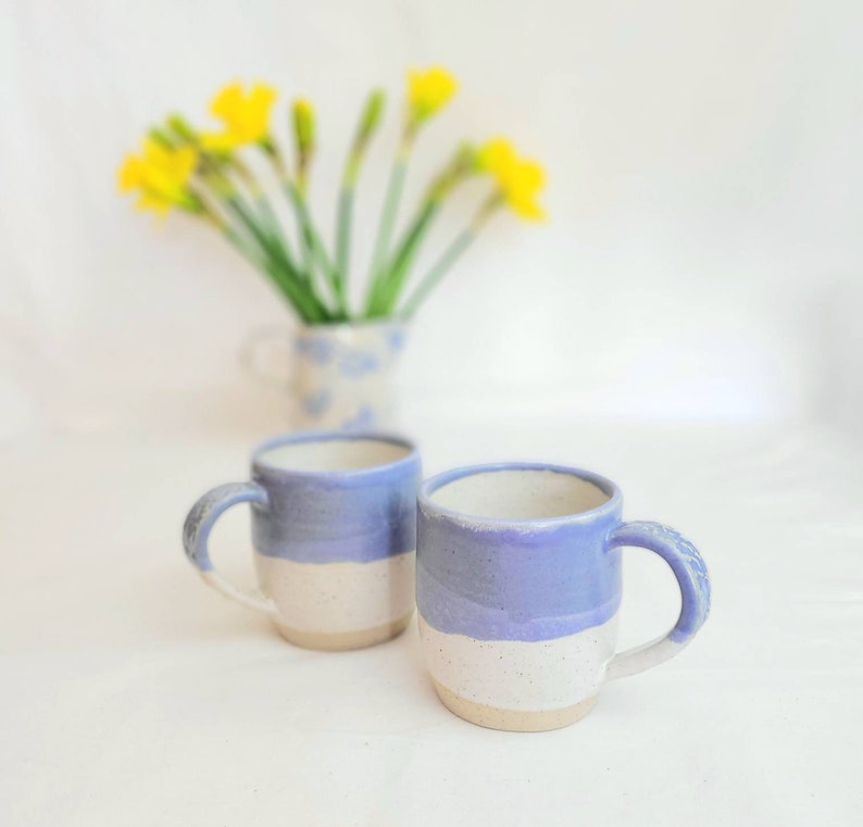 Handmade stoneware coffee mug, tea cup in oatmeal and lavender blue, 12oz or 350ml ready to ship image 9