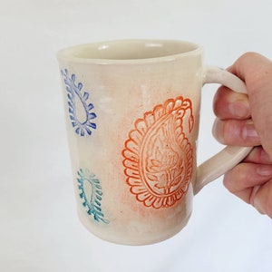 Slab-built Paisley mug with pink, orange, blue, violet and teal paisley stamp decoration, handmade pottery mug image 6