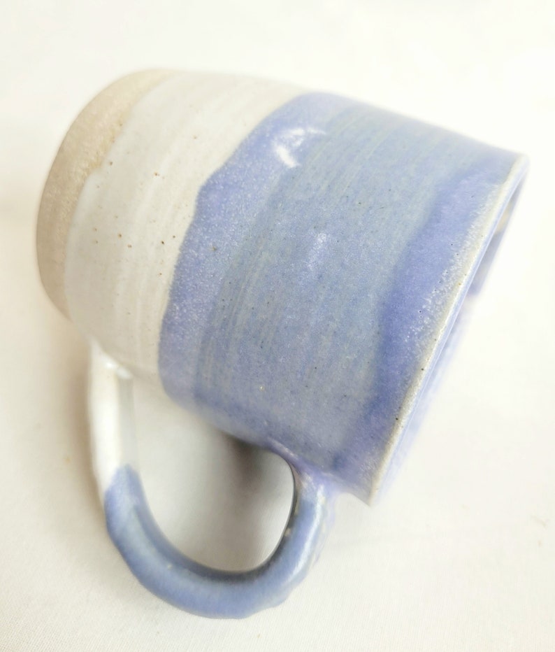 Handmade stoneware coffee mug, tea cup in oatmeal and lavender blue, 12oz or 350ml ready to ship image 3