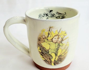 Handmade flower fairy mug, winter jasmine fairy, 320ml/11fl oz mug, fairy cup