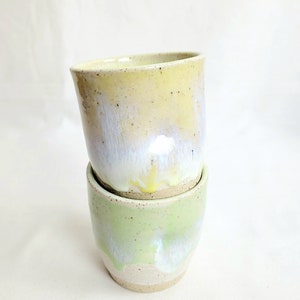 Handmade pair of stoneware lemon and lime dimpled 9oz/250ml tumblers, speckled clay, image 3