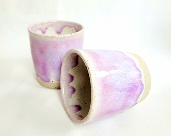 Handmade pair of stoneware pink dimpled 9oz/250ml tumblers, speckled clay,