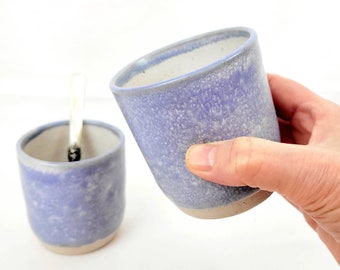 Pair of stoneware dimpled 9oz/250ml tumblers, speckled clay, lavender blue, modern rustic
