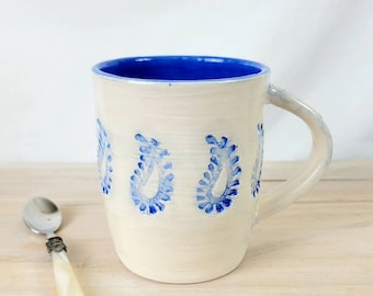 Wheel thrown Paisley mug with blue paisley stamp decoration, handmade pottery mug, blue and white mug