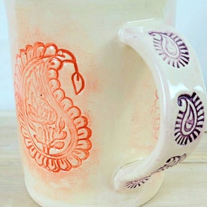 Slab-built Paisley mug with pink, orange, blue, violet and teal paisley stamp decoration, handmade pottery mug image 4