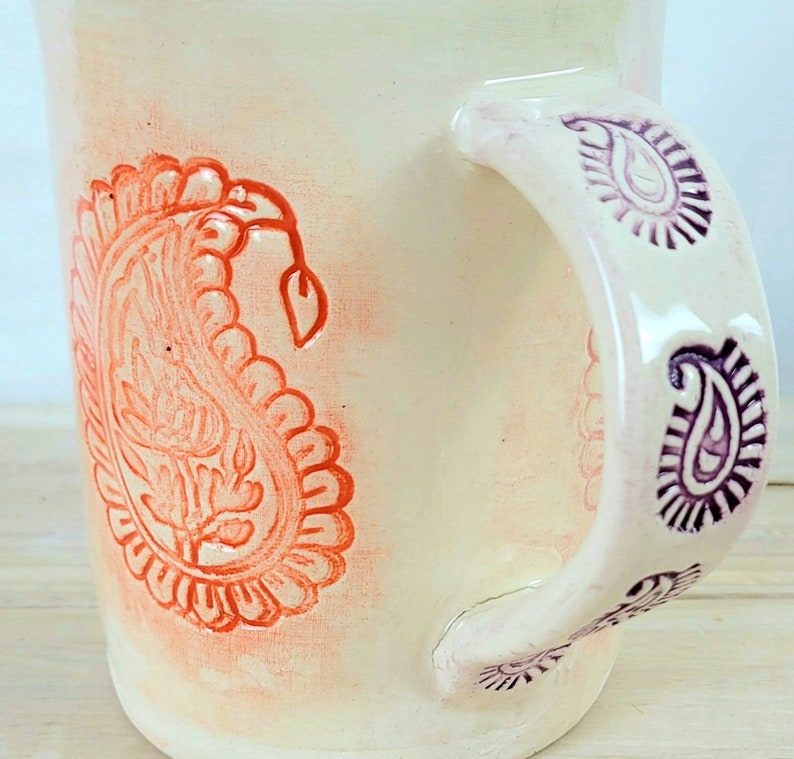 Slab-built Paisley mug with pink, orange, blue, violet and teal paisley stamp decoration, handmade pottery mug image 4