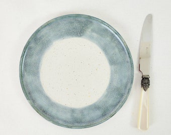 Handmade stoneware side plate in oatmeal and teal, wheelthrown, flecked clay