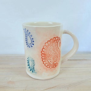 Slab-built Paisley mug with pink, orange, blue, violet and teal paisley stamp decoration, handmade pottery mug image 2