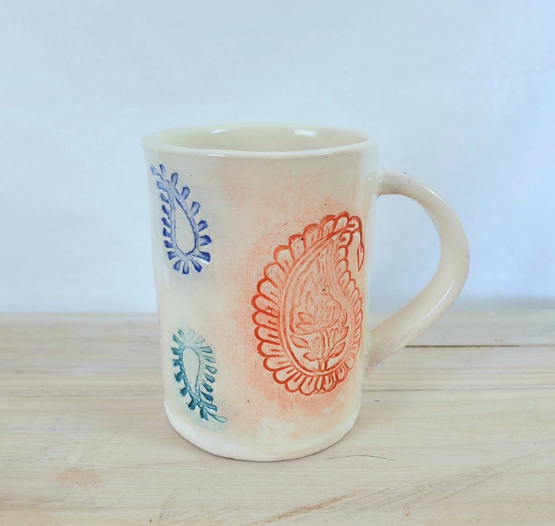 Slab-built Paisley mug with pink, orange, blue, violet and teal paisley stamp decoration, handmade pottery mug image 2