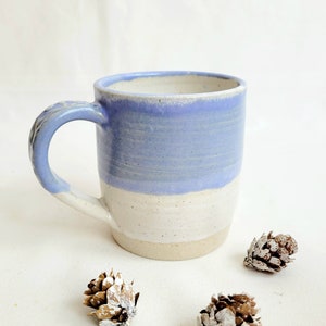 Handmade stoneware coffee mug, tea cup in oatmeal and lavender blue, 12oz or 350ml ready to ship image 1