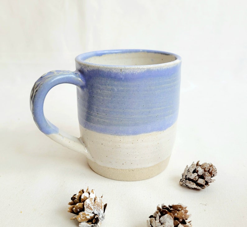 Handmade stoneware coffee mug, tea cup in oatmeal and lavender blue, 12oz or 350ml ready to ship image 1