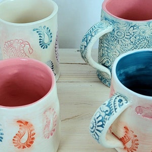 Slab-built Paisley mug with pink, orange, blue, violet and teal paisley stamp decoration, handmade pottery mug image 7