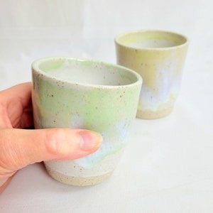Handmade pair of stoneware lemon and lime dimpled 9oz/250ml tumblers, speckled clay, image 4