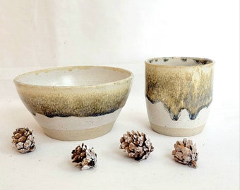 Handmade stoneware cup and bowl set in oatmeal and pale brown, dimpled cup, cereal bowl, wheelthrown