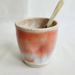 Handmade pink stoneware  tumbler, coffee cup, 9oz cup, oatmeal and peach glaze with drips