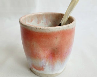 Handmade pink stoneware  tumbler, coffee cup, 9oz cup, oatmeal and peach glaze with drips