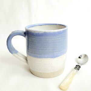 Handmade stoneware coffee mug, tea cup in oatmeal and lavender blue, 12oz or 350ml ready to ship image 6