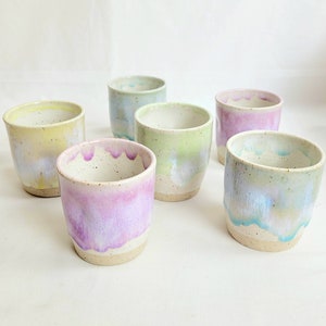 Handmade pair of stoneware lemon and lime dimpled 9oz/250ml tumblers, speckled clay, image 8