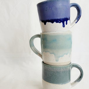 Handmade stoneware coffee mug, tea cup in oatmeal and lavender blue, 12oz or 350ml ready to ship image 8