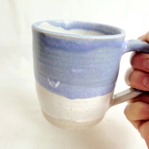 Handmade stoneware coffee mug, tea cup in oatmeal and lavender blue, 12oz or 350ml ready to ship image 4
