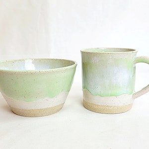 Handmade Stoneware Mug and Bowl Set: Oatmeal & Pale Green Glaze