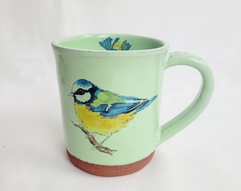 Handmade bird mug, blue tit mug, green cup with bird and flowers, 325ml / 11fl oz