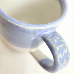 Handmade stoneware coffee mug, tea cup in oatmeal and lavender blue, 12oz or 350ml ready to ship image 7