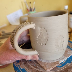 Slab-built Paisley mug with pink, orange, blue, violet and teal paisley stamp decoration, handmade pottery mug image 8