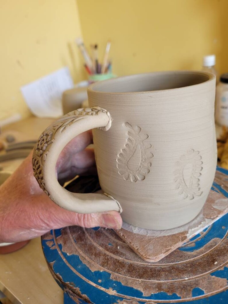 Slab-built Paisley mug with pink, orange, blue, violet and teal paisley stamp decoration, handmade pottery mug image 8