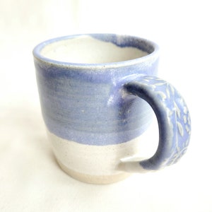 Handmade stoneware coffee mug, tea cup in oatmeal and lavender blue, 12oz or 350ml ready to ship image 5
