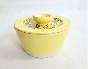 Handmade yellow lidded pot with goldfinch, vintage style, butter dish or jam pot