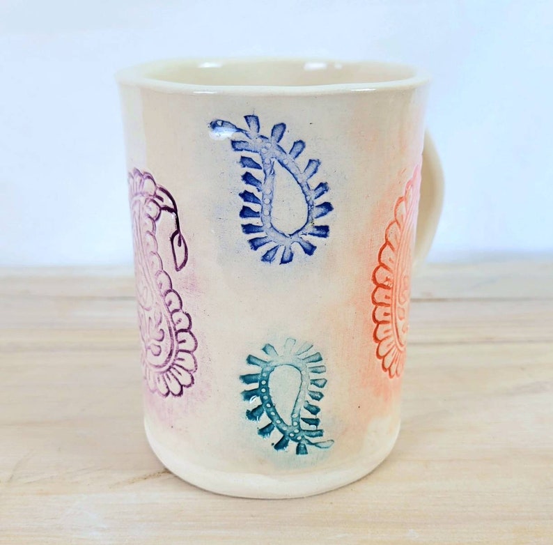 Slab-built Paisley mug with pink, orange, blue, violet and teal paisley stamp decoration, handmade pottery mug image 3